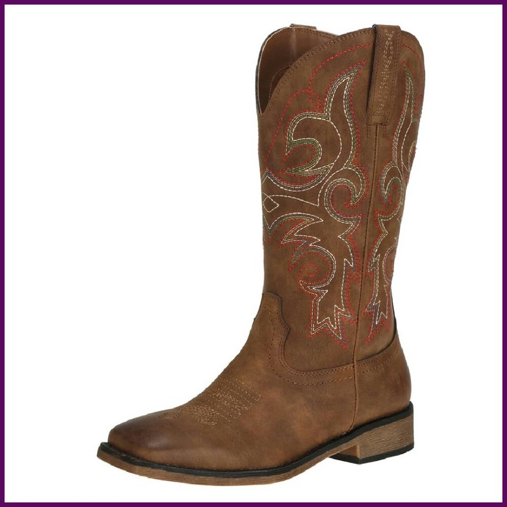 Mid Calf Cowboy Boots Square Toe Chunky Heel Western Embroidery